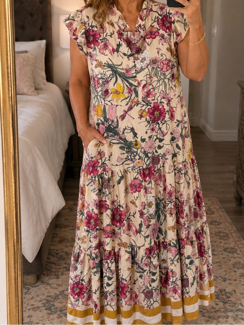 SHEIN Cream Maxi Skirt with Pink & Yellow Floral Print